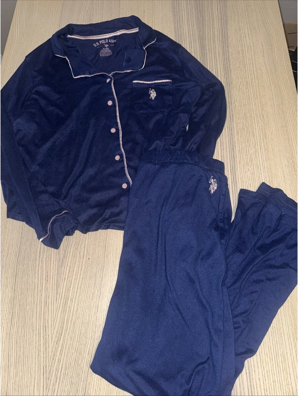 US Polo Assn Women’s Pajama Set Navy Blue Pink Piping Button Up Long Sleeve